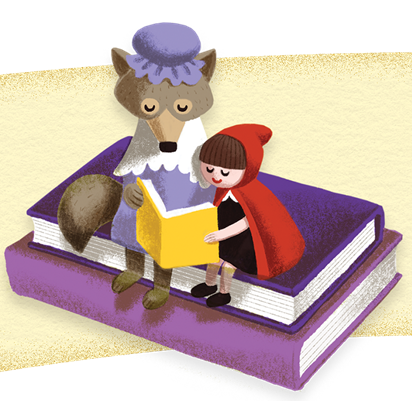 Illustration of Little Red Riding Hood reading with wolf dressed as grandma.