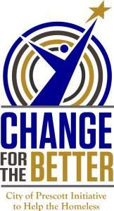 Change for the Better logo with person reaching for stars and words: change for the better City of Prescott Initiative to Help the Homeless