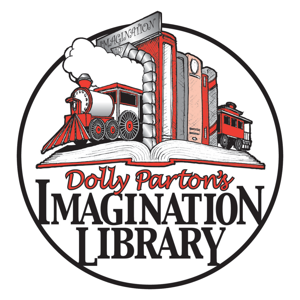 logo with words "Dolly Parton's Imagination Libraray and picture of open book with a train running through a tunnel of upright books