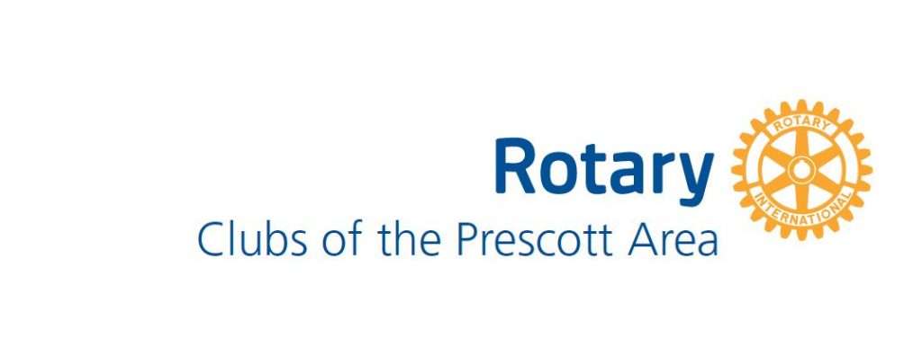 logo with words Rotary Clubs of Prescott Area and the Rotary symbol: a yellow wheel/gear with the words Rotary International