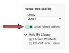 A screenshot showing an arrow pointing to the Group Related Editions slider.